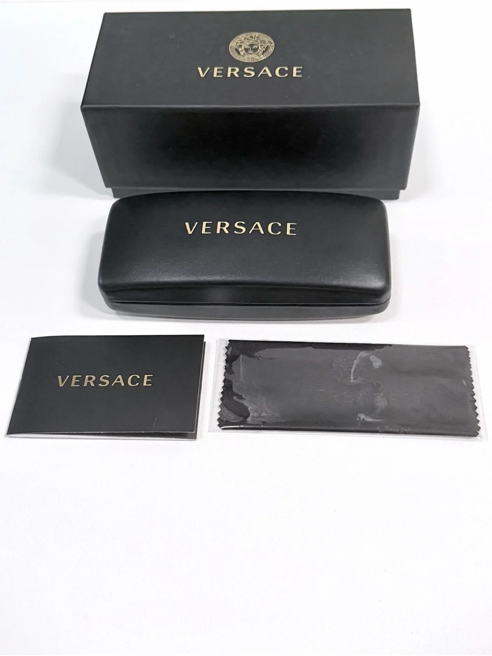 Versace Black and Gold Eyewear Case with Branded Accessories